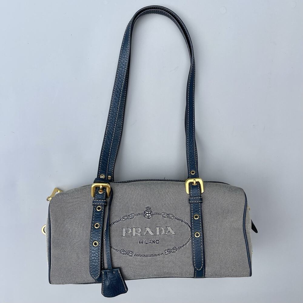 Prada Canapa Logo Grey And Navy Canvas And Leather Barrel Shoulder Bag